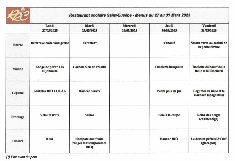 menu du 27 au 31 mars